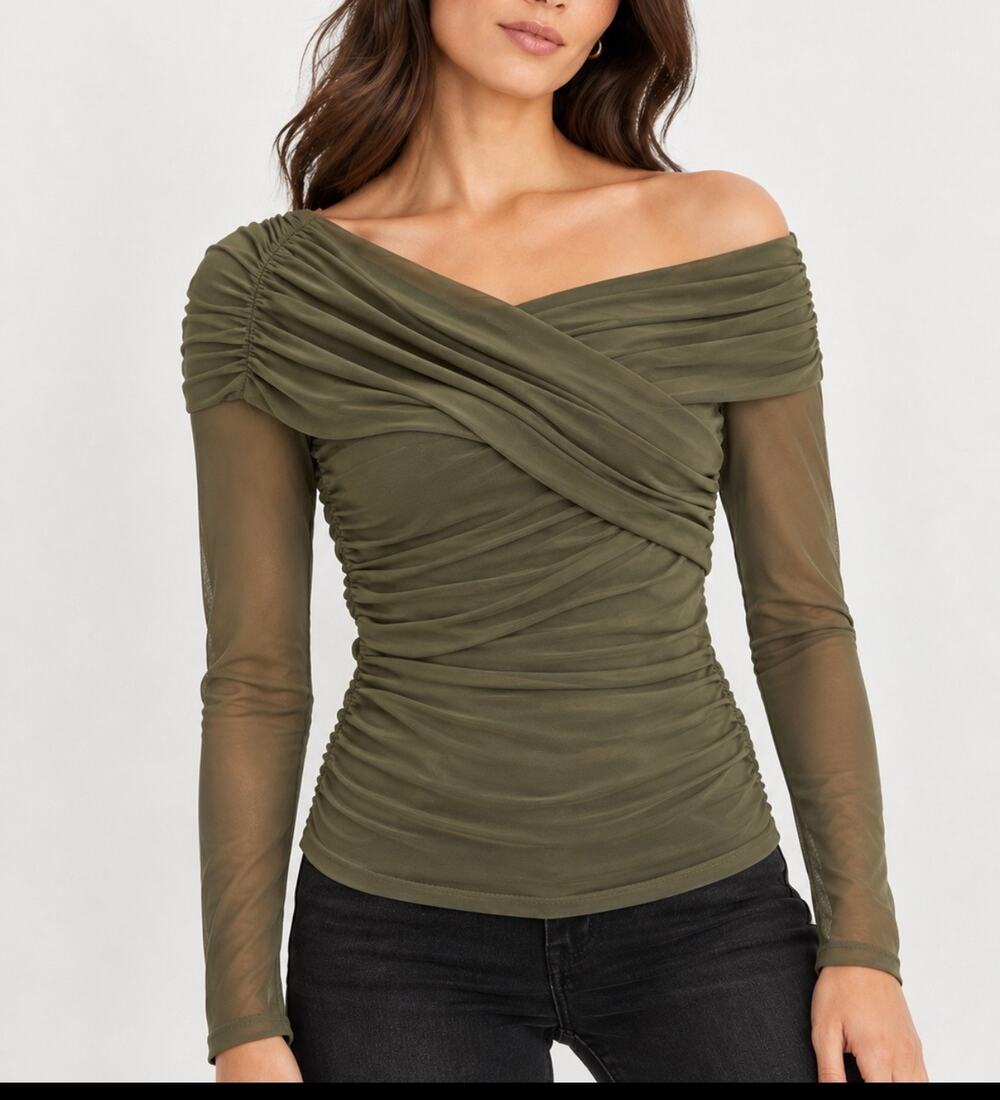 LOFT Olive Green Ruched Mesh Sheer Off Shoulder Draped Top Size M NWT